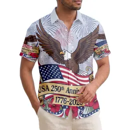 America 250th Birthday Patriotic Eagle Flag Tropical Hibiscus Stars Scrollwork Short-sleeve Hawaiian Shirt