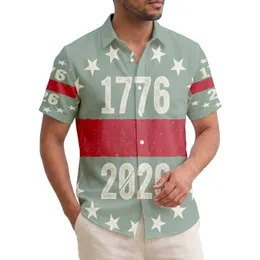 USA 250th Anniversary: 1776-2026 Distressed Text 13 Stars Crimson Stripe Sage Short-sleeve Hawaiian Shirt