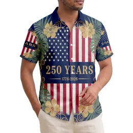 USA 250th Birthday Distressed Flag Tropical Palm Gold Scrollwork Stars Short-sleeve Hawaiian Shirt