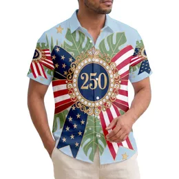 USA 250th Birthday Patriotic Hawaiian Flag Bow Gold '250' Medallion Leaves Short-sleeve Hawaiian Shirt