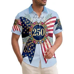 USA 250th Birthday Patriotic Flag Bow Gold '250' Medallion Diamond Scrollwork Short-sleeve Hawaiian Shirt