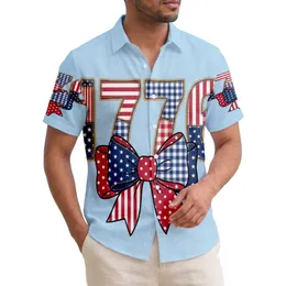 USA 250th Birthday 1776 Patchwork Quilt Faded Blue Americana Folk Art Bow Short-sleeve Hawaiian Shirt