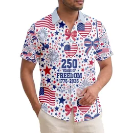 USA 250th Anniversary Patriotic Flag Heart Freedom Text Hawaiian Star Pattern Short-sleeve Hawaiian Shirt