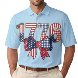 USA 250th Birthday 1776 Patchwork Quilt Faded Blue Americana Folk Art Bow Men's Polo Shirt (Lightweight)