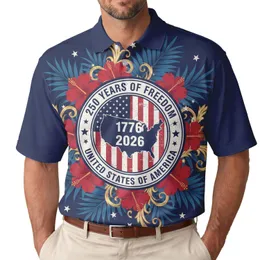 USA 250th Anniversary: Freedom Map 1776-2026, Flag, Hibiscus, Gold Scrollwork Men's Polo Shirt (Lightweight)