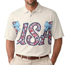 USA 250th Anniversary Patriotic Cursive Wildflower Navy Stitch Sky Bows Men's Polo Shirt (Lightweight)