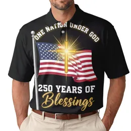 Patriotic America 250th Waving Flag Golden Cross ONE NATION UNDER GOD Blessings Men's Polo Shirt (Lightweight)