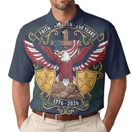 America 250th Birthday Eagle Flag Cross Faith Freedom 1776-2026 Patriotic Art Men's Polo Shirt (Lightweight)