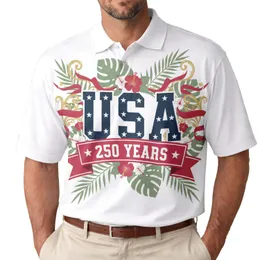 USA 250th Anniversary Patriotic Navy Crimson White Hibiscus Tropical Gold Scrollwork Men's Polo Shirt (Lightweight)
