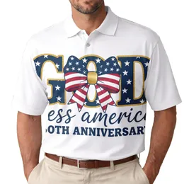 USA 250th Anniversary Patriotic 'GOD Bless America' Navy Gold Stars & Striped Bow Men's Polo Shirt (Lightweight)