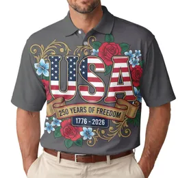 America 250th Anniversary USA Flag Scroll 1776 Freedom Crimson Gold Floral Men's Polo Shirt (Lightweight)