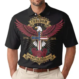 Patriot USA 250th Eagle Flag Cross Freedom 1776 2026 One Nation Under God Black Men's Polo Shirt (Lightweight)