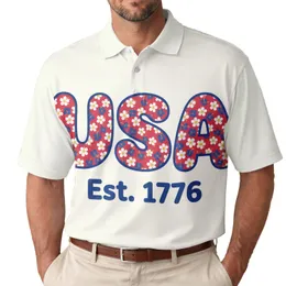 America 250th Est. 1776 Floral USA Crimson Daisy Blue Tropical Cream Design Men's Polo Shirt (Lightweight)