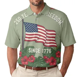 USA 250th Anniversary Flag: Tropical Hibiscus Americana Scrollwork 1776 Freedom Men's Polo Shirt (Lightweight)