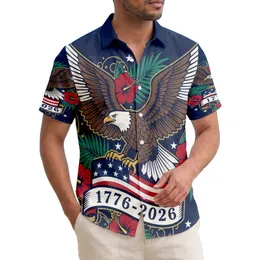 Patriotic 250th Anniversary Eagle 1776-2026 Scroll Hibiscus Palm Stars Navy Short-sleeve Hawaiian Shirt