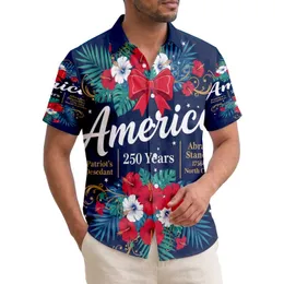America 250th Birthday Patriotic Hawaiian: Navy Blue Red White Gold Hibiscus Star Design Short-sleeve Hawaiian Shirt
