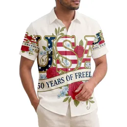 America 250th Birthday USA Flag Letters Red Rose Tropical Scrollwork Ivory Design Short-sleeve Hawaiian Shirt