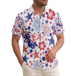 USA 250th Birthday Patriotic Hawaiian Stars Fireworks Red White Blue Seamless Pattern Short-sleeve Hawaiian Shirt
