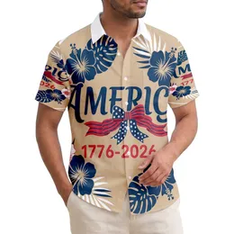 America 250th 1776-2026: Blue Script Red Stripe Star Ribbon Bow Patriotic Short-sleeve Hawaiian Shirt