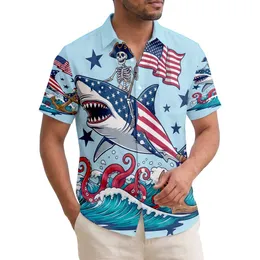 USA 250th Birthday Flag Shark Skeleton Parrot Anchor Ocean Stars Patriot Short-sleeve Hawaiian Shirt