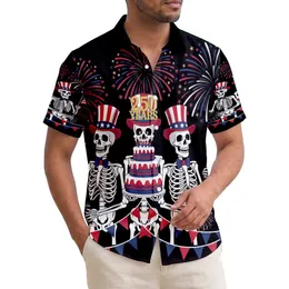 America 250th Anniversary Patriotic Skeletons Uncle Sam Flags Cake Fireworks Bunting Short-sleeve Hawaiian Shirt