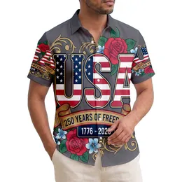 America 250th Anniversary USA Flag Scroll 1776 Freedom Crimson Gold Floral Short-sleeve Hawaiian Shirt