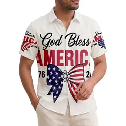 America 250th Anniversary God Bless AMERICA 1776-2026 Patriotic Rhinestone Bow Short-sleeve Hawaiian Shirt