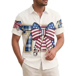 USA 250th Birthday: 1776 Patriotic Hawaiian-Inspired Stripes Plaid Stars & Bow Short-sleeve Hawaiian Shirt