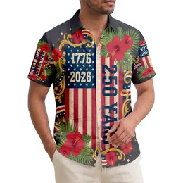 America 250th Anniversary Vintage Flag 1776 Palm Hibiscus Scrollwork Short-sleeve Hawaiian Shirt