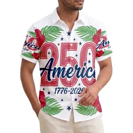 America 250th Anniversary: Red Knit 250, Navy America Script, Tropical Patriotic Design Short-sleeve Hawaiian Shirt
