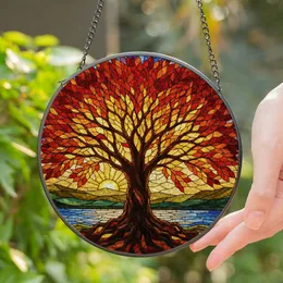 Tree of Life Autumn Leaves Setting Sun Tiffany Style Stained Glass Gnarled Roots Stained Glass Suncatcher