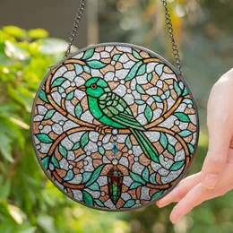 Emerald Green Jewel Bird Tiffany Style Stained Glass - Leafy Vines Floral Crystal Art Stained Glass Suncatcher