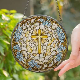 Golden Cross Forget-Me-Nots Tiffany Stained Glass — Inspirational Faith Home Decor Gift Stained Glass Suncatcher
