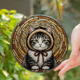 Black White Tabby Kitten Hooded Costume Golden Eyes Tiffany Stained Glass Mosaic Stained Glass Suncatcher