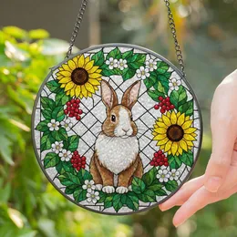Fluffy Rabbit Sunflowers Berries Stained Glass Mosaic - Tiffany Style Nature Art Garden Decor Stained Glass Suncatcher