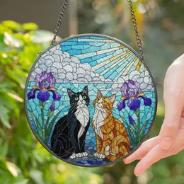 Tuxedo Tabby Cats Stained Glass Art with Green Eyes, Yellow Eyes, Sun & Purple Flowers Stained Glass Suncatcher