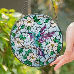 Iridescent Hummingbird Tiffany Glass Style Dogwood Flowers Teal Magenta Blue Sky Art Stained Glass Suncatcher