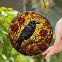Black Crow Red Roses Gnarled Branch Stained Glass Jewel Tones Radiant Sky Mosaic Stained Glass Suncatcher