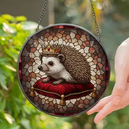 Regal Hedgehog Golden Crown Stained Glass - Jewel Tone Animal Art Gift Stained Glass Suncatcher