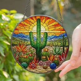 Vibrant Saguaro Cactus Desert Sunset Mosaic Cacti Succulents Stained Glass Design Stained Glass Suncatcher