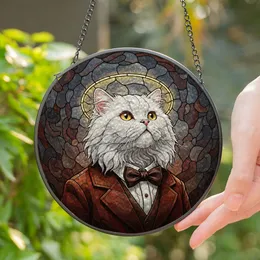 Regal Fluffy White Persian Cat Golden Halo Stained Glass Tiffany Portrait Stained Glass Suncatcher