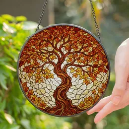 Gnarled Ancient Tree Autumn Leaves Stained Glass Tiffany Art - Glowing Mosaic Pattern Decor Stained Glass Suncatcher