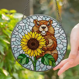 Groundhog Holding Sunflower Stained Glass Art - Tiffany Style Window Panel Decor Stained Glass Suncatcher