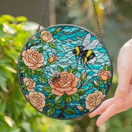 Fluffy Bumblebee Pollinating Rosebuds Stained Glass Aqua Teal Sky Mosaic Bee Lover Gift Stained Glass Suncatcher