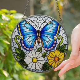 Blue Butterfly Stained Glass Tiffany Style Intricate Mosaic Floral Art Glowing Jewel Tones Stained Glass Suncatcher