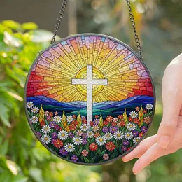 Stained Glass Christian Cross Wildflowers Sunrise - Tiffany Style Spiritual Home Decor Stained Glass Suncatcher