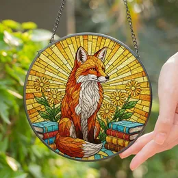Majestic Fox Tiffany Stained Glass - Books, Daisy Flowers, Radiant Jewel Tone Art Stained Glass Suncatcher