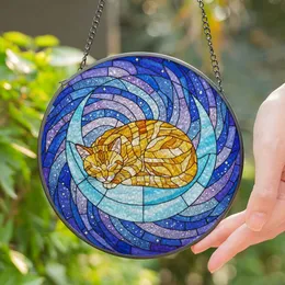 Ginger Cat Napping Crescent Moon Starry Night Sky Glowing Tiffany Style - Cat Lover Stained Glass Suncatcher