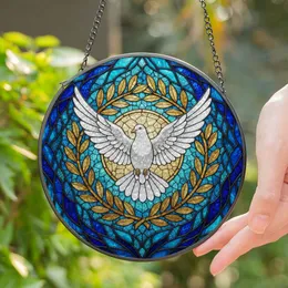 White Dove Golden Olive Branch Stained Glass - Blue Teal Mosaic Translucent Tiffany Stained Glass Suncatcher