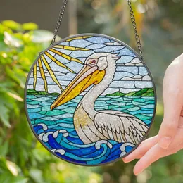 Majestic White Pelican Stained Glass - Coastal Ocean Waves & Islands Tiffany Jewel Tones Stained Glass Suncatcher